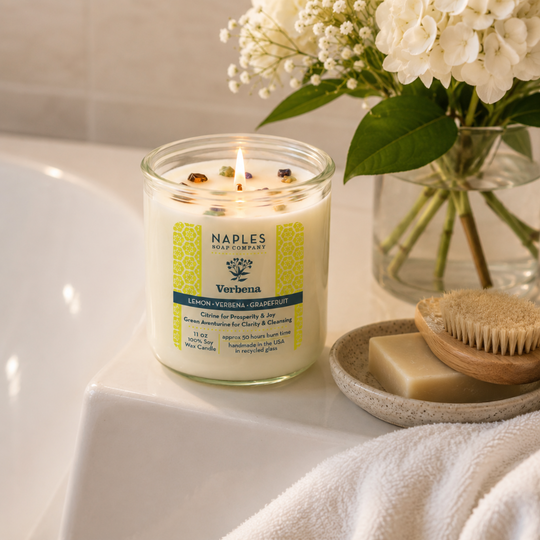 Verbena Candle on Edge of Tub